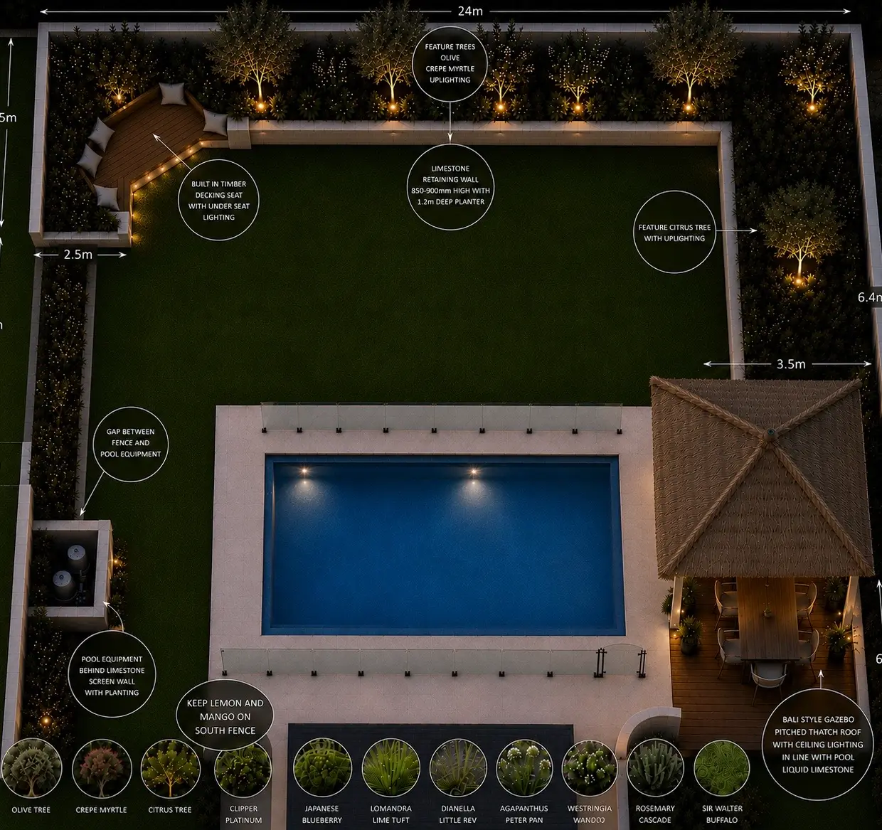 Annotated aerial render of the Nedlands garden, to scale